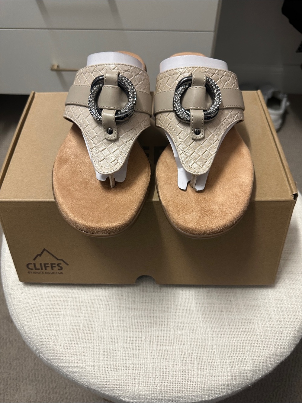 Cliffs by White Mountain Beige Thong Sandals with Decorative Buckle